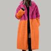 Women's Long Color Blocking Fashionable Winter Loose Flip Collar Plush Jacket
