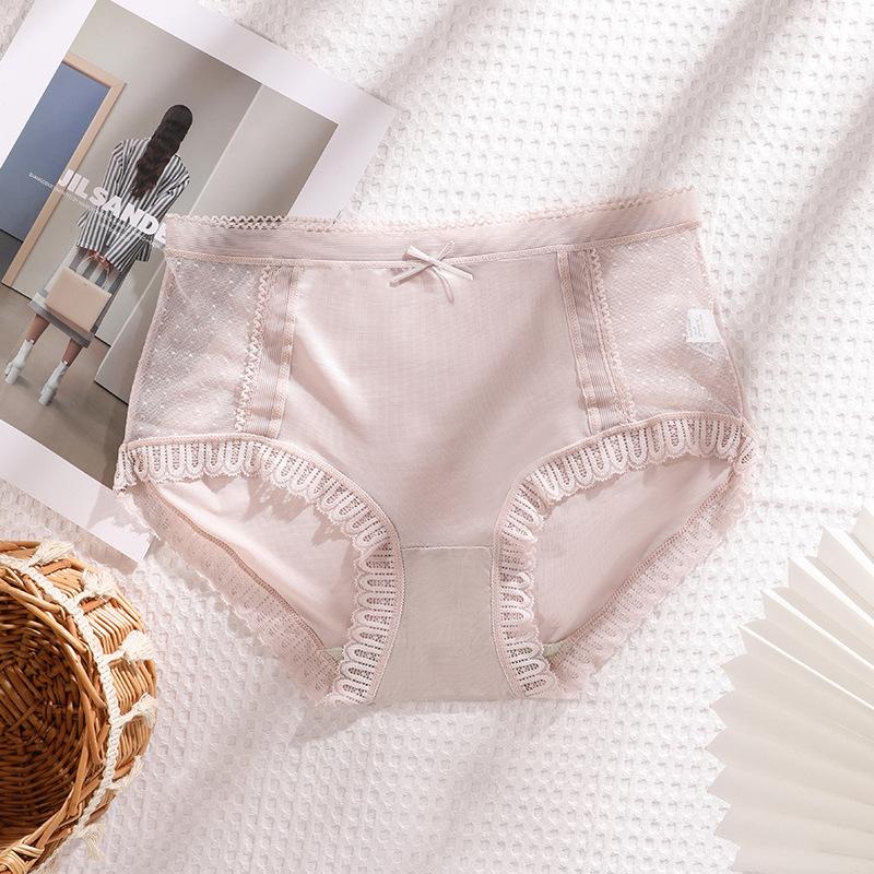 High Grade Ultra Smooth Satin and Lace Cut Out Sexy Women's Underwear Medium High Waisted Comfortable and Breathable Satin Briefs