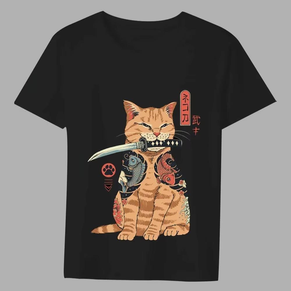 Men Summer T-shirt Basic Print Tops Japan Anime Genki Cat Series Casual O-neck Fashion Men Commuter Comfortable Tees
