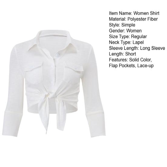 Женская рубашка Yousheng, белая, с длинным рукавом, с лацканами, с завязками на подоле, однотонная короткая повседневная одежда для офиса, отпуска, вечеринки, отдыха на открытом воздухе