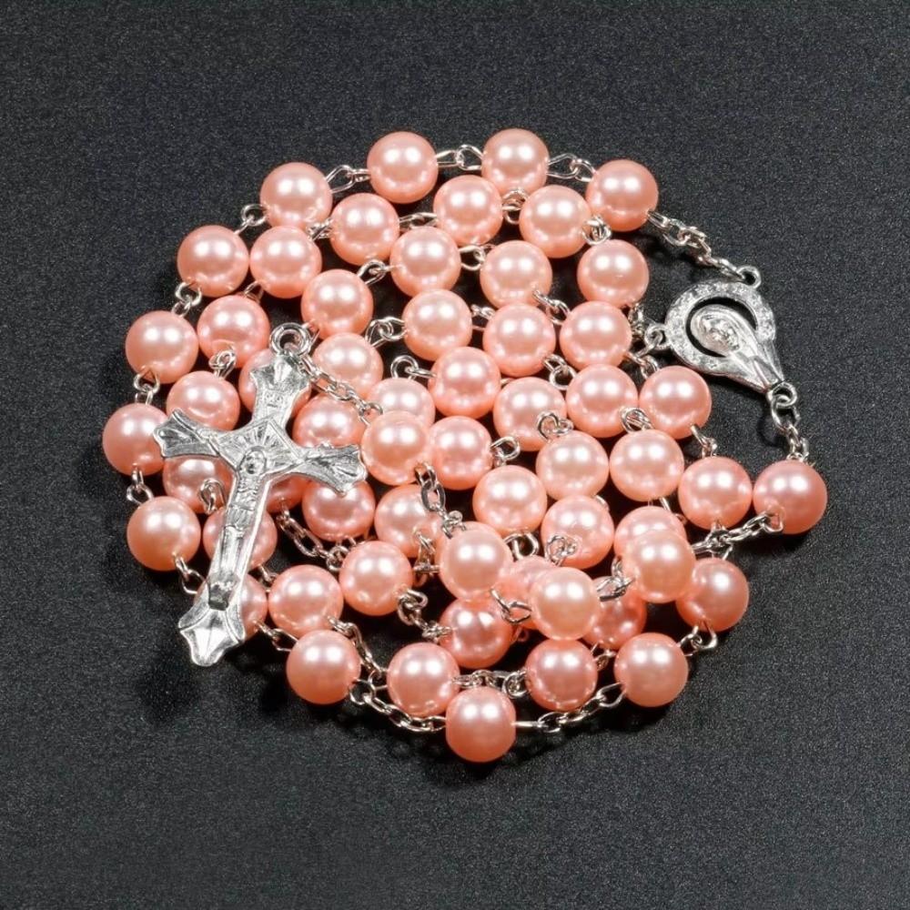 Imitation Pearl Rosary Beads Pendant Chain Vintage Style Religious Pendants Catholic Rosary