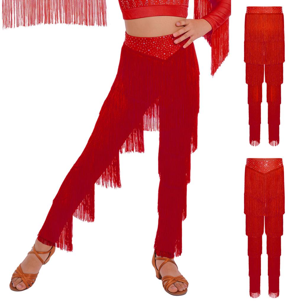 Kids Tiered Tassel Latin Dance Pants Elastic Waistband for Salsa Cha Cha Rumba Samba Performance Costume