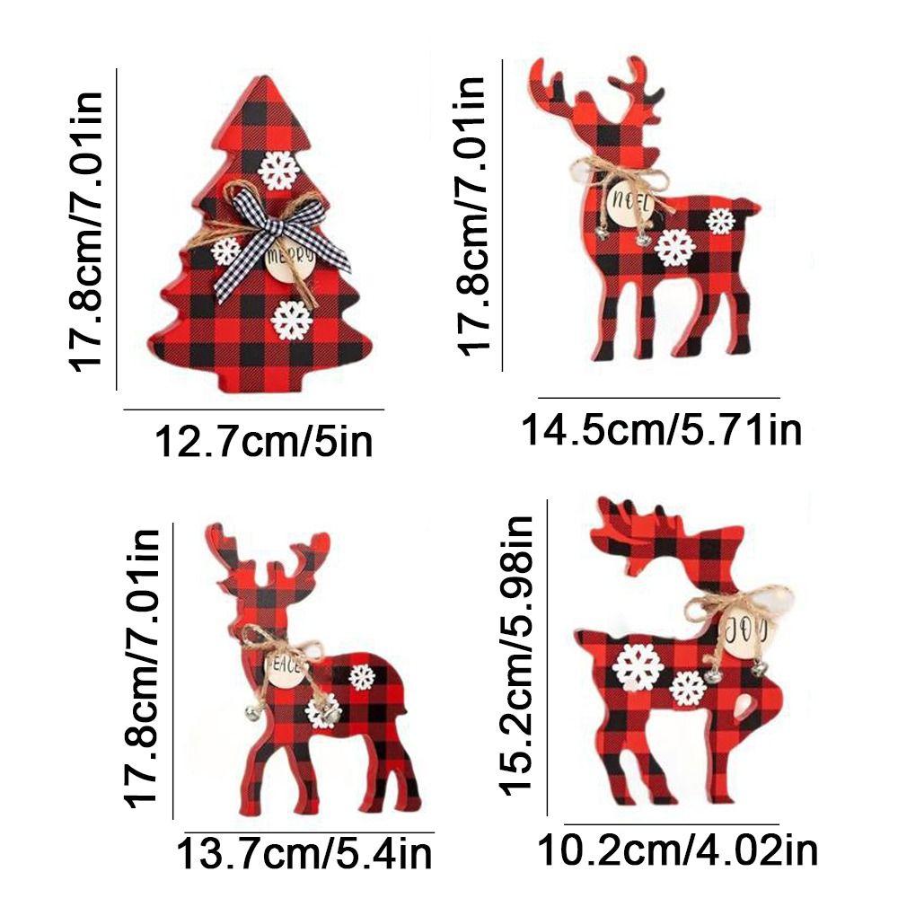 4Pcs Wooden Christmas Deer Ornament 3D Exquisite Red Plaid Reindeer Ornament Decorative Snowflake Reindeer Decorations