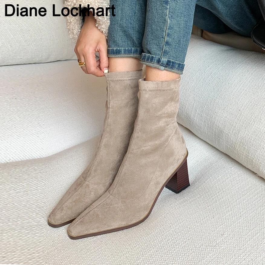 Мода Осень Зима Мода Детская замша Женские ботильоны Острый носок Пряжа Эластичные ботильоны до щиколотки Обувь на тонком каблуке Слипоны Женские носки Ботас Феми