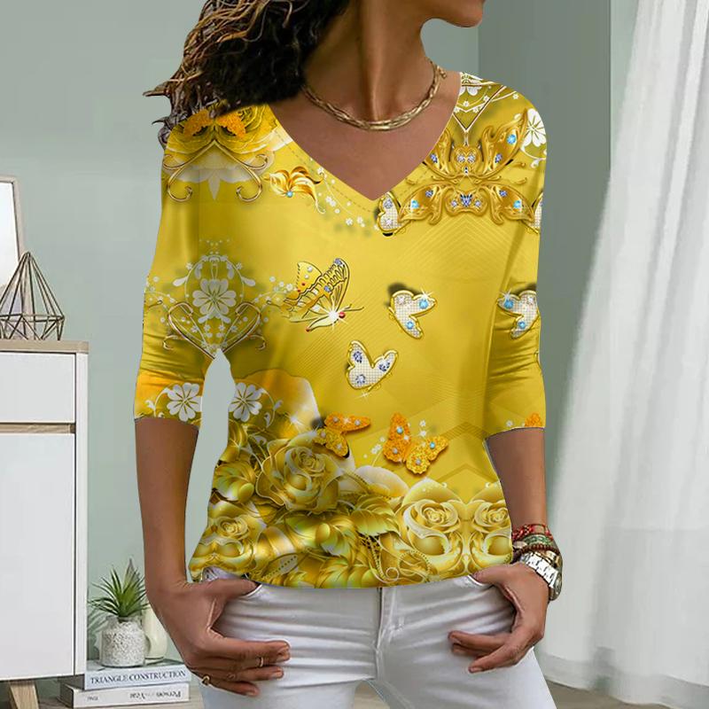 Роза Бабочка Принт Женские Футболки Женские Топы Длинные Рукава V-образный Вырез Пуловер Femme Футболки Футболка Для Женщин