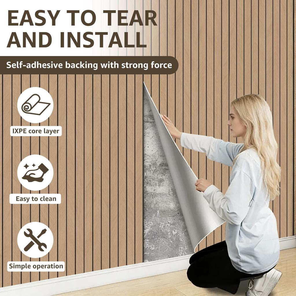 Обои с рисунком деревянных реек ПВХ Самоклеящиеся деревянные обои 118x15,7 дюйма Самоклеящаяся звукоизоляционная 3D-панель из искусственных деревянных реек