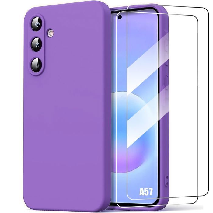 Coque pour Samsung Galaxy A57 5G, Protection Silicone Souple Anti-Rayures Violet - 2 Verres Trempés