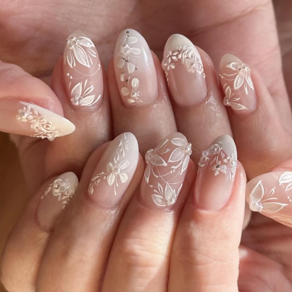 3D Fresh Gradient Wearable Almond Nails with Flash Diamonds & Flowers for Autumn/Winter Manicure