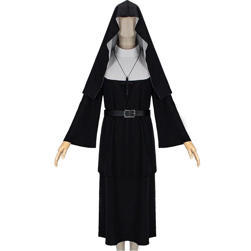 Halloween Nun Cosplay Costume Gothic Robe With Hood Cross Belt Role Play Party