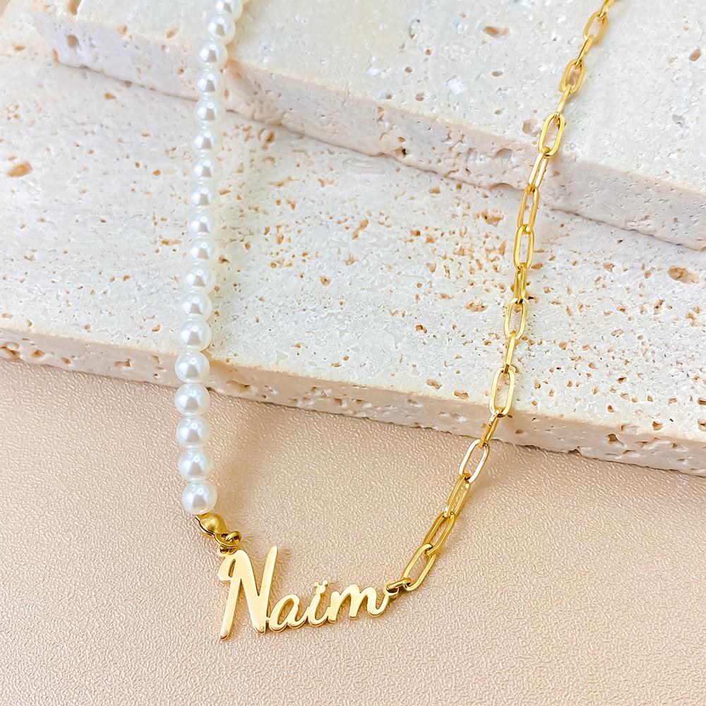 EManco Stainless Steel Paperclip Chain Custom Personalized Name Letter Pendant Fashion Faux Pearl Necklace Dropshipping