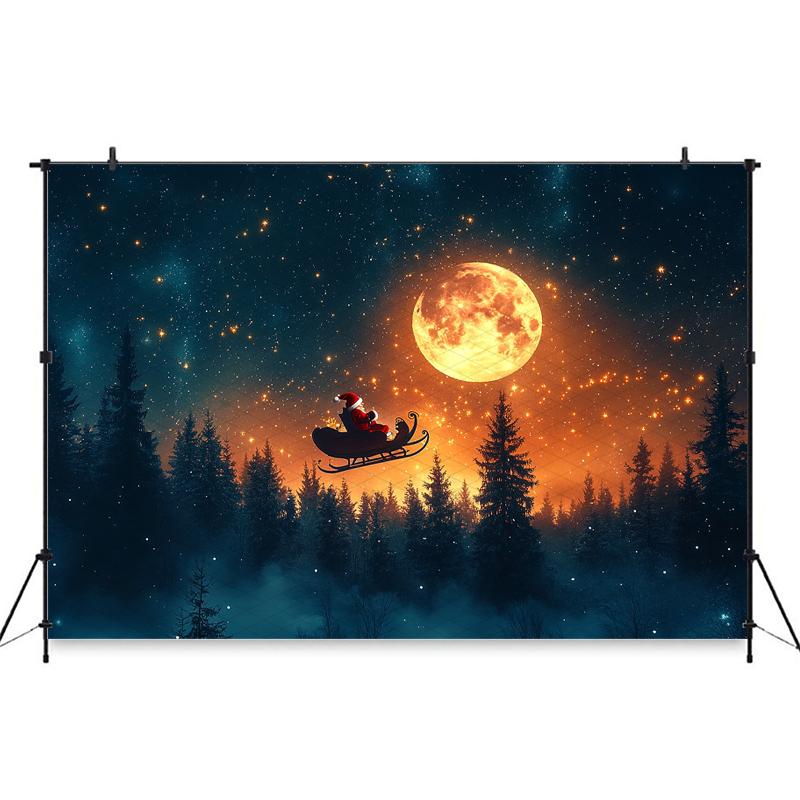 Mocsicka Christmas Photography Background Night Starry Sky Moon Forest Tree Decoration Santa Claus Children Party Photo Backdrop