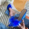 Liyke Blue Women Wedges Slippers Fashion Fluffy Feather Summer Sandals Pointed Toe Shallow Slides Shoes High Heels Mules Femme
