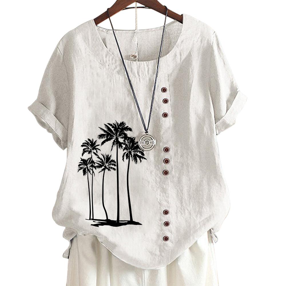 Womens Linen Cotton Casual Tee with 8 Classic Black and White Botanical Floral Patterns, Round Neck, Short Sleeves S-5XL