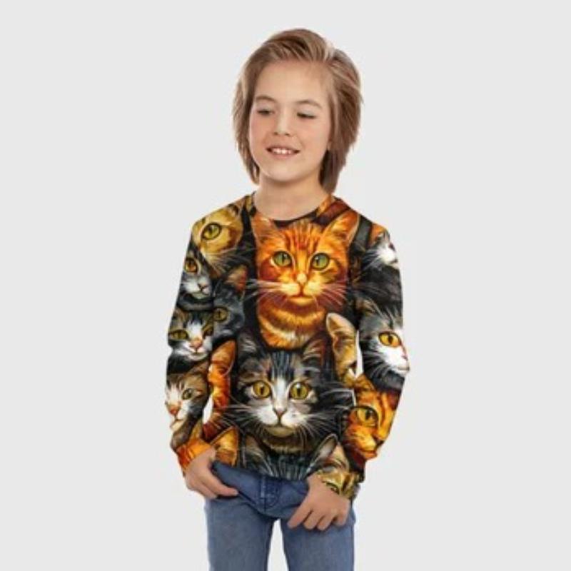 Children's Tie Dye Cartoon Kitten Print T-shirt Boys Cute Long Sleeved Soft Comfortable Top