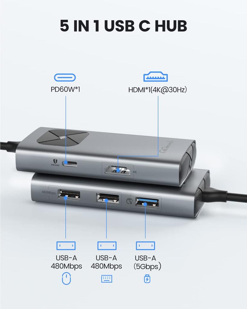 USB-концентратор GiGimundo Type-C с USB 5 Гбит/с для передачи данных, PD 60 Вт, быстрый, легкий, из алюминиевого сплава, совместимый с iPad, идеален для бизнеса и работы из дома