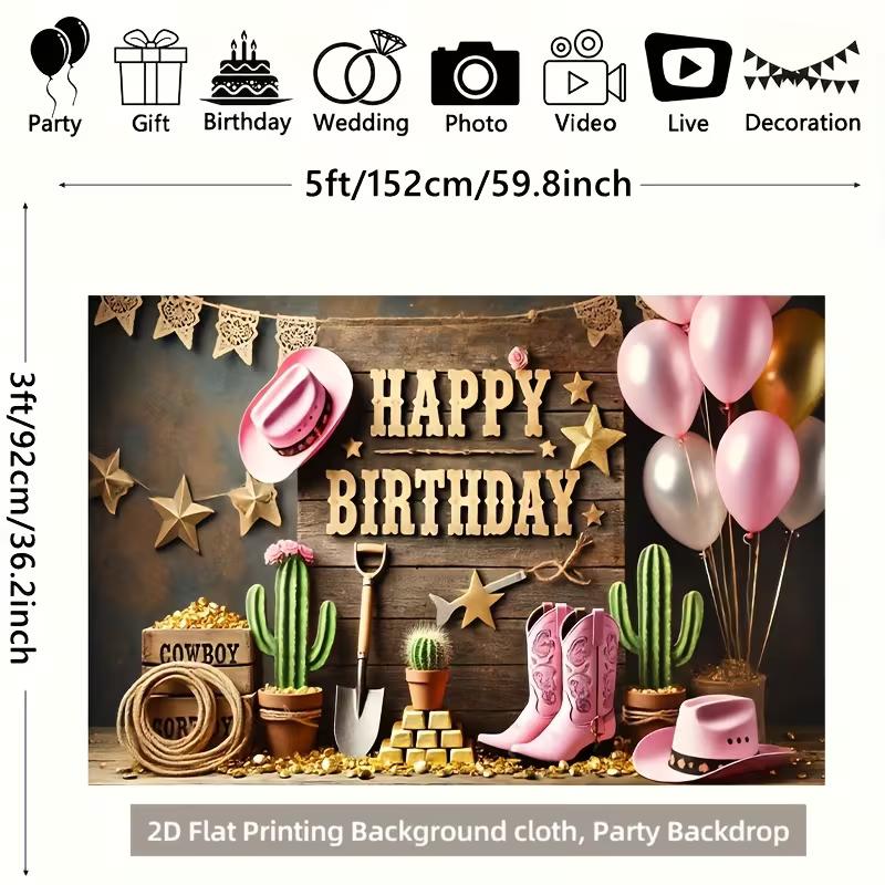 2D Cowgirl Happy Birthday Photography Backdrop, Rustic Wood & Cactus Themed Party Banner