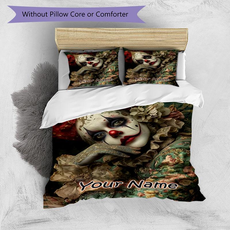 3pcs Custom Name Mysterious Clown Portrait Bedding Set Printed Bedding Set Duvet Cover Closure Includes 1 Duvet Cover & 2 Pillowcases Bedroom Decor