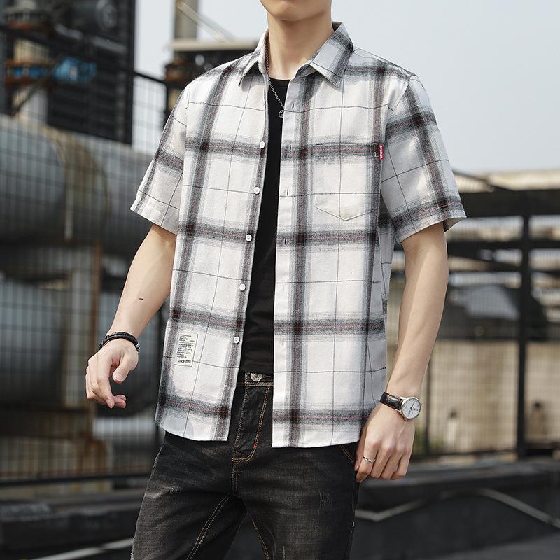 Летняя мужская клетчатая рубашка с короткими рукавами в стиле портвейна со свободными лацканами, модный бренд, молодежная повседневная рубашка, мужской кардиган, тренд