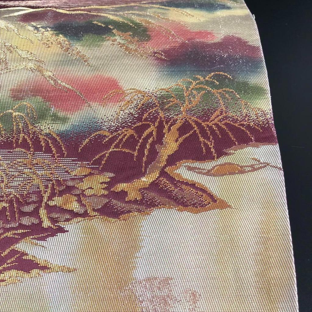 Used SO-478 Fukuro obi, 6 pieces, pure silk, landscape pattern, gold and silver thread, unmade, masterpiece