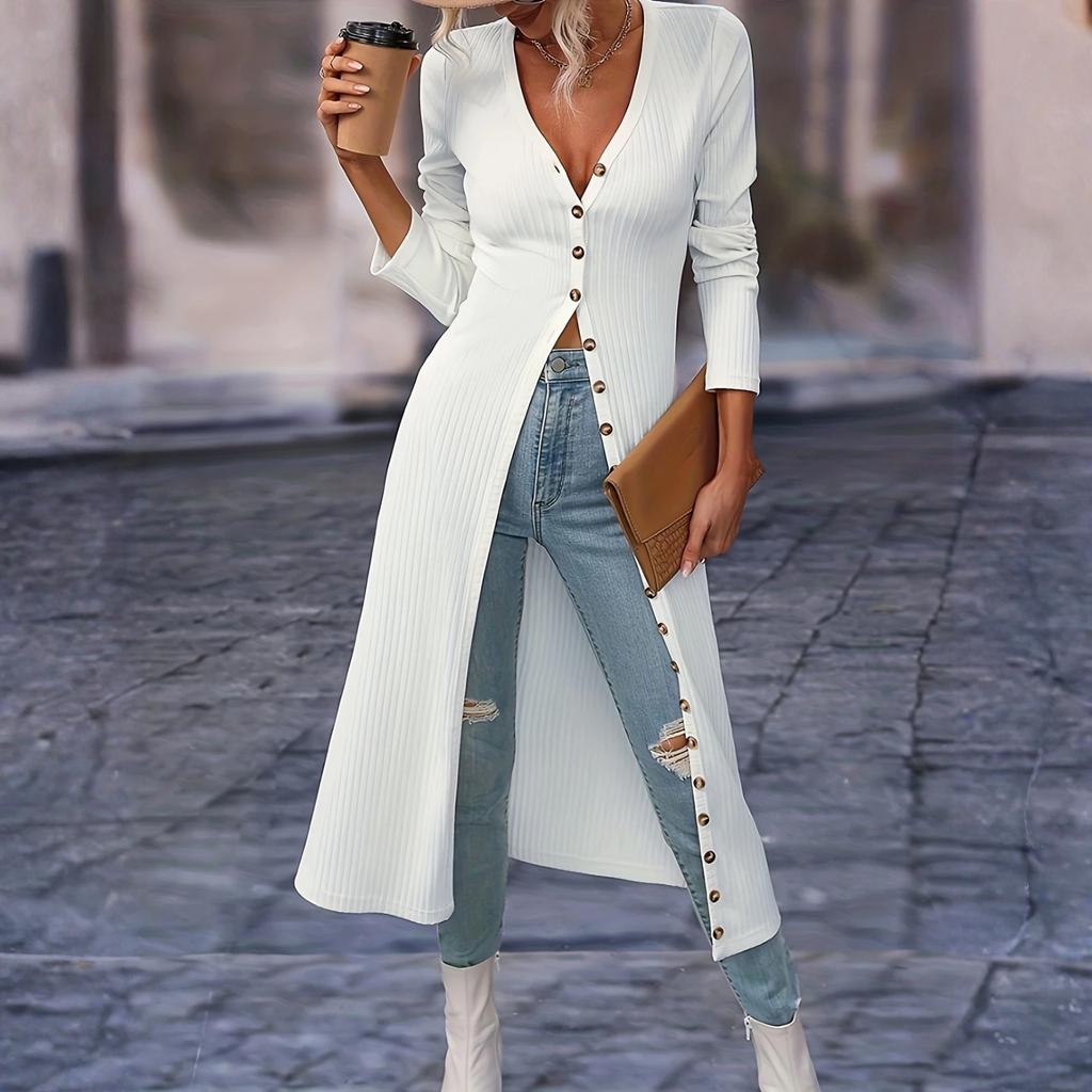 Женский модный повседневный однотонный кардиган с длинным рукавом и длинный топ-футболка с V-образным вырезом