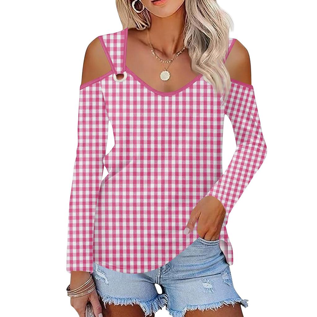 Women's Casual Shirt Blouse Print V-neck Sexy Cold Shoulder Long Sleeve Top