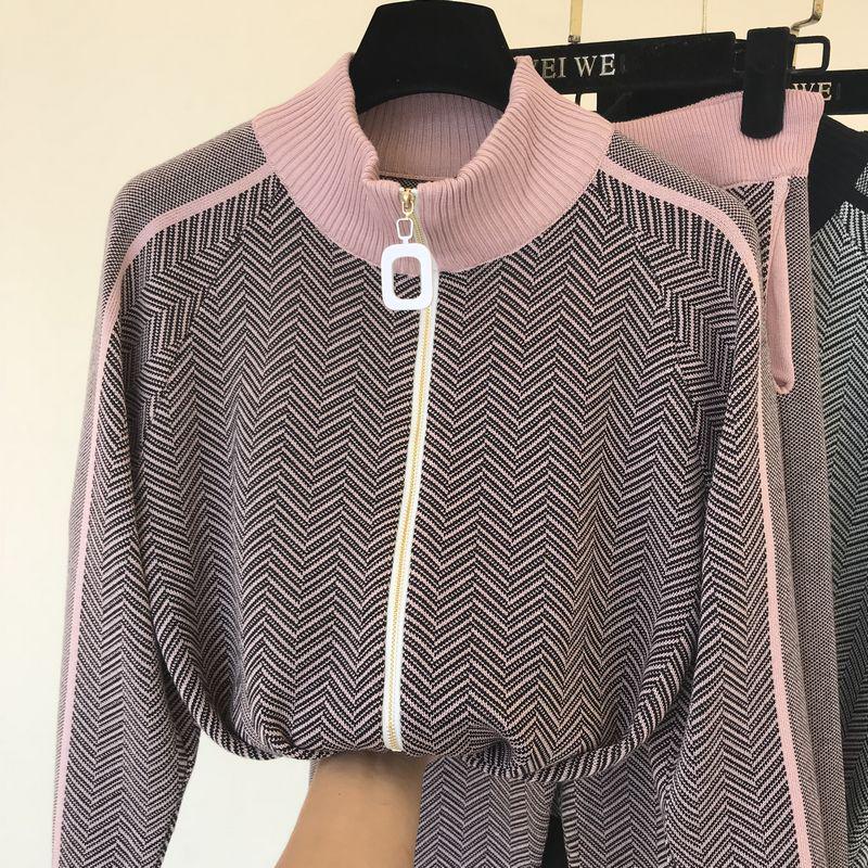New Tracksuit Woman Patchwork Turtleneck Zipper Knitted Cardigans+Pants 2 Piece Set Knit Top Trouser Outfit