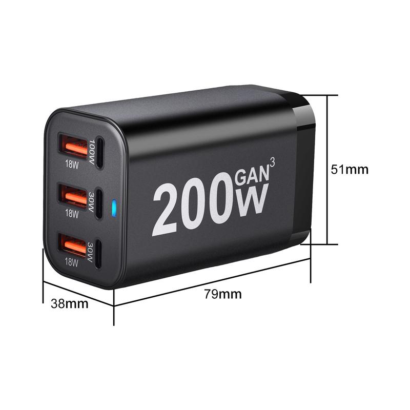 USB C Быстрое 200 Вт 6-портовое Зарядное Быстрое GaN Зарядное Устройство Адаптер Питания Для iPhone 14/13/12 Серии, Samsung Galaxy S23/S22/S21