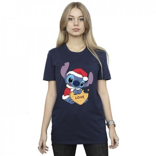 Disney Womens/Ladies Lilo And Stitch Christmas Love Biscuit Cotton Boyfriend T-Shirt