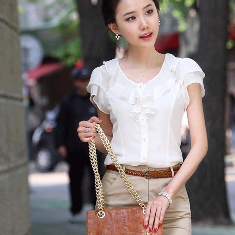 Блузка рубашка с коротким рукавом Мода Рюши Женская Белая Черная Офисная Женская