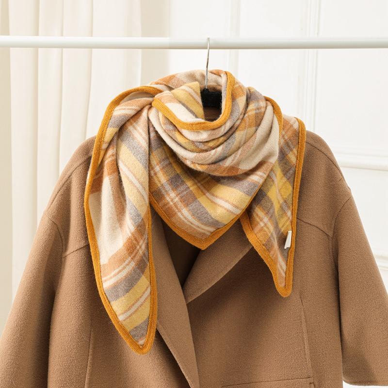 Autumn and Winter Double-sided Plaid Wool Scarf Women's Plaid Triangle Scarf Scarf Thickened Warm Shawl