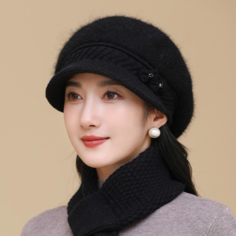 Elegant Winter Beanie for Women - Cozy Knit with Floral Accent, Perfect for Middle-Aged & Elderly, Stretch Fit, Hand Washable