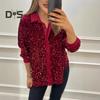 Women Sparkling Shirt Lapel Long Sleeve Single Breasted Shirt Tops Shiny Sequins Embellished Party Stage Blouse