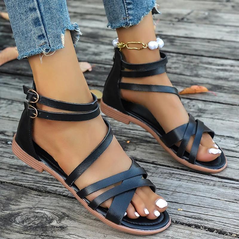 Fashion Summer Plus Size Gladiator Sandals Women Corss Band Back Zipper Flat Heels Sandals Woman Outdoor Non Slip Casual Sandles Female