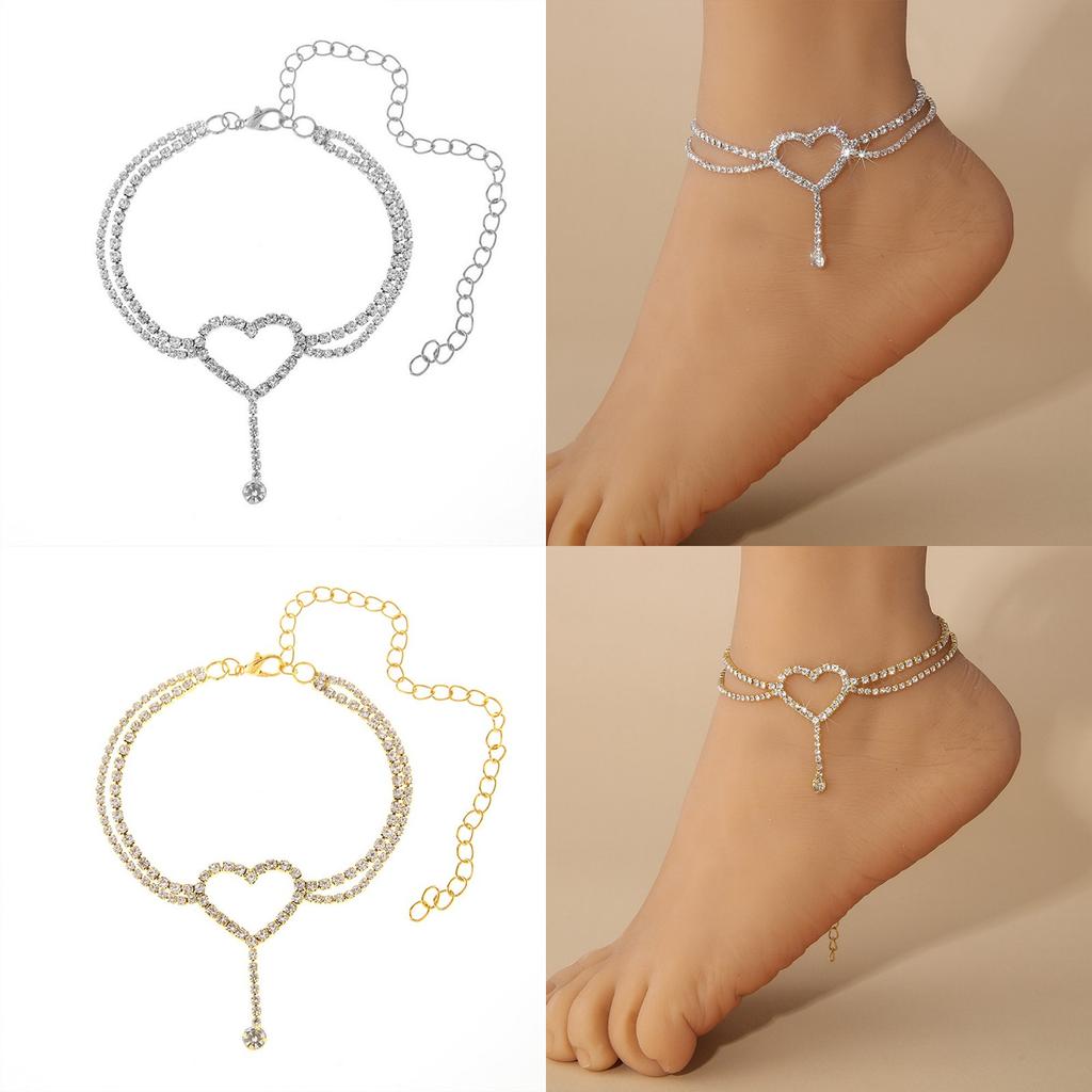 Rhinestone Foot Ornaments, Adjustable Anklet, Crystal Double Heart-shaped Anklet