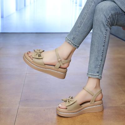 CRLAYDK Женские сандалии на танкетке с бантом, летние, пляжные, удобные, для ходьбы, с ремешком на щиколотке, нарядные повседневные шлепанцы, обувь для пляжа и путешествий