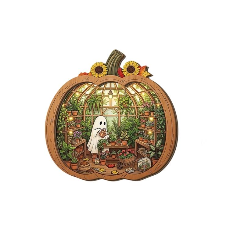 Entry Table Pumpkin Decoration with Wooden Body, Center Scene, and Double Board Build for Shelf and Indoor Holiday Use