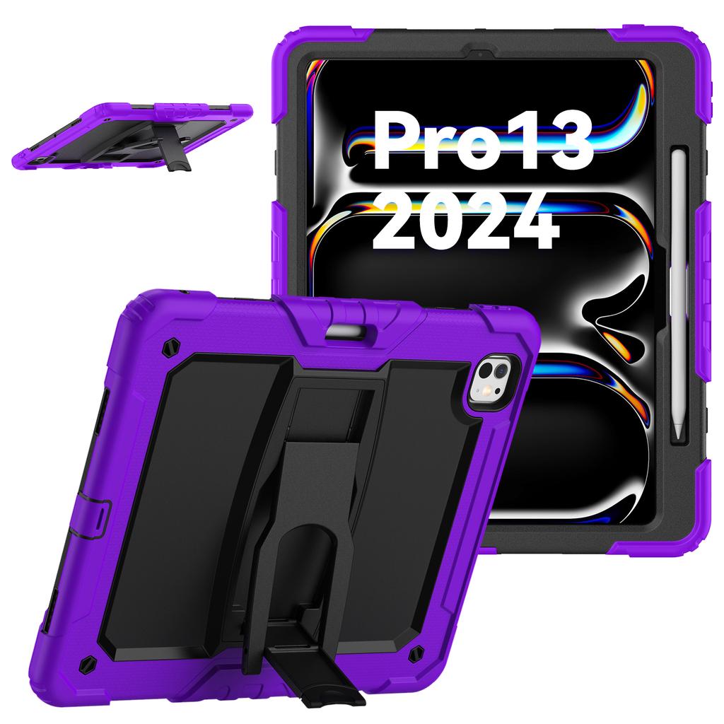 For iPad Pro 13 (2024) Kickstand Case PC+Silicone Tablet Cover with Pen Slot/Shoulder Strap