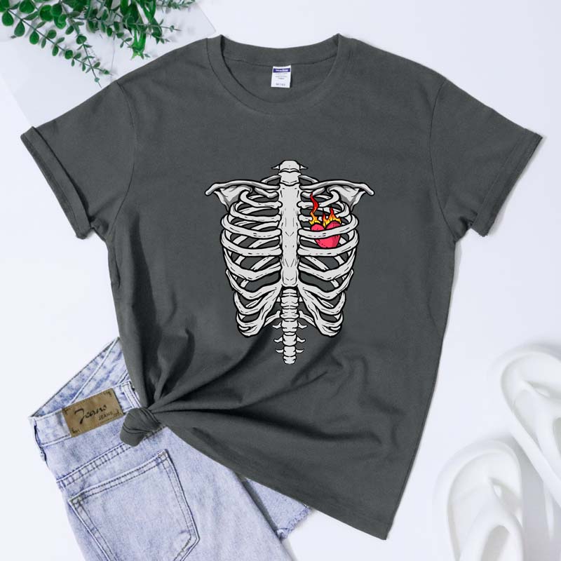 Gothic Skeleton Ribcage With Fireheart TShirt Apparel Aesthetic Unisex Heart Rib Cage Bones Tshirt Fantasy Y2k Goth Tee Top