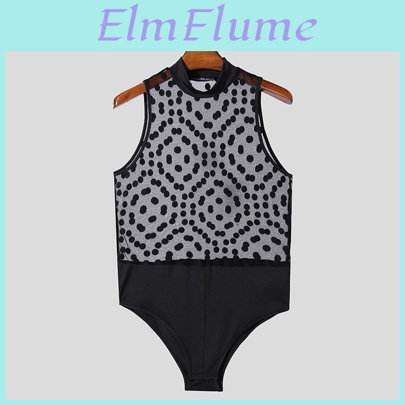 Men Polka Incerun Sleeveless Mockneck Dots Mesh Bodysuits See Through Fitted Briefs Jumpsuits