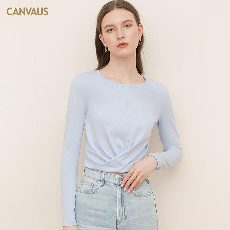 CANVAUS Autumn New Style Cotton Commuter Twisted Fashion Bottoming Shirt Solid Color Long-sleeved Round Neck All-match Women's Clothing
