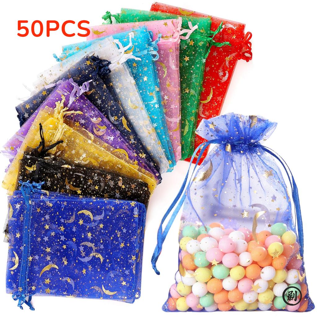 50PCS Gold Star Moon Organza Bags Drawstring Pouches for Christmas Wedding Jewelry Gifts Favors