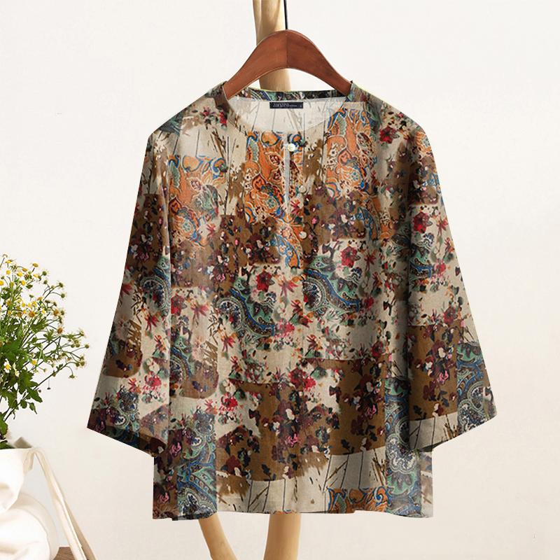 ZANZEA Женская свободная повседневная блузка с этническим принтом и рукавом 3/4