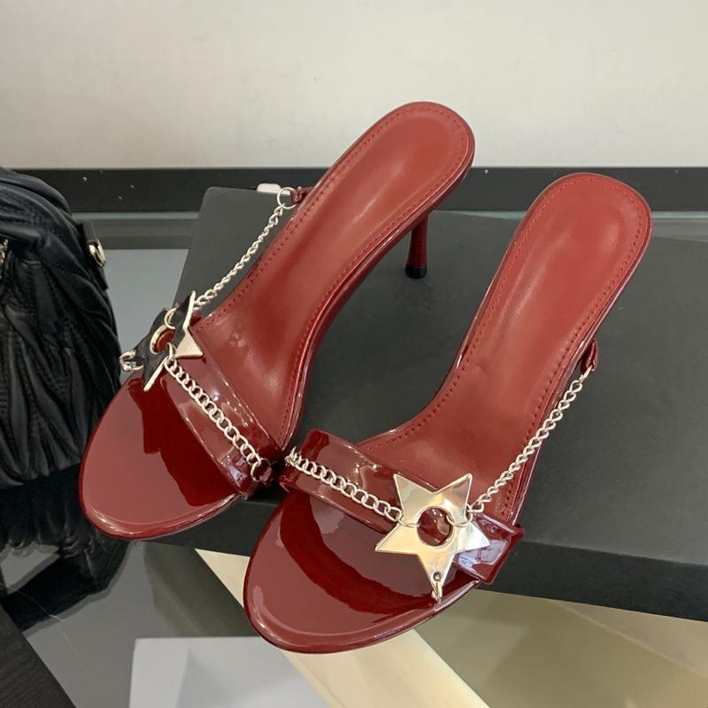 Elegant Round Open Toe Mules Thin High Heels Slippers Sandals Fashion Metal Chain Designer Slides Women Party Prom Shoes