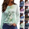 Women's Fashion Casual Slit Hem Round Neck Long Sleeve Loose Printed T-Shirt Ladies Top