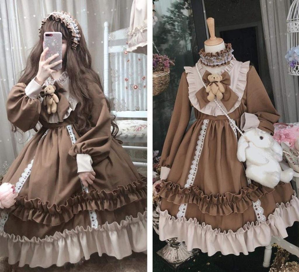 Lolita Long Sleeve Dress Knee Length Cosplay Dress Brown Brown Bear [Lady Lazy]