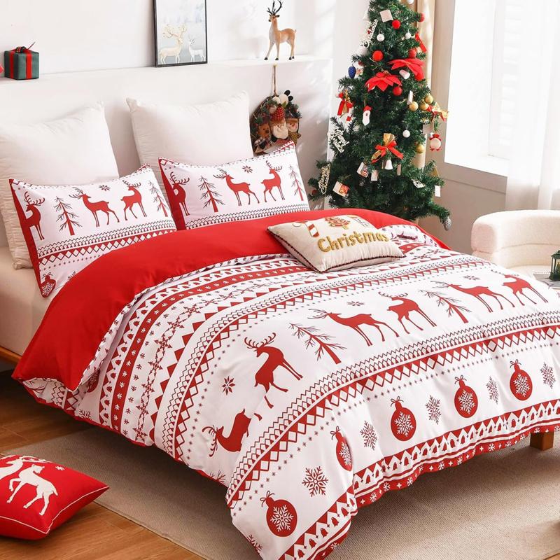 Christmas 3-piece Set With Red Reindeer Snowflake Pattern Decoration, Soft Ultra-fine Fiber Bedding Set