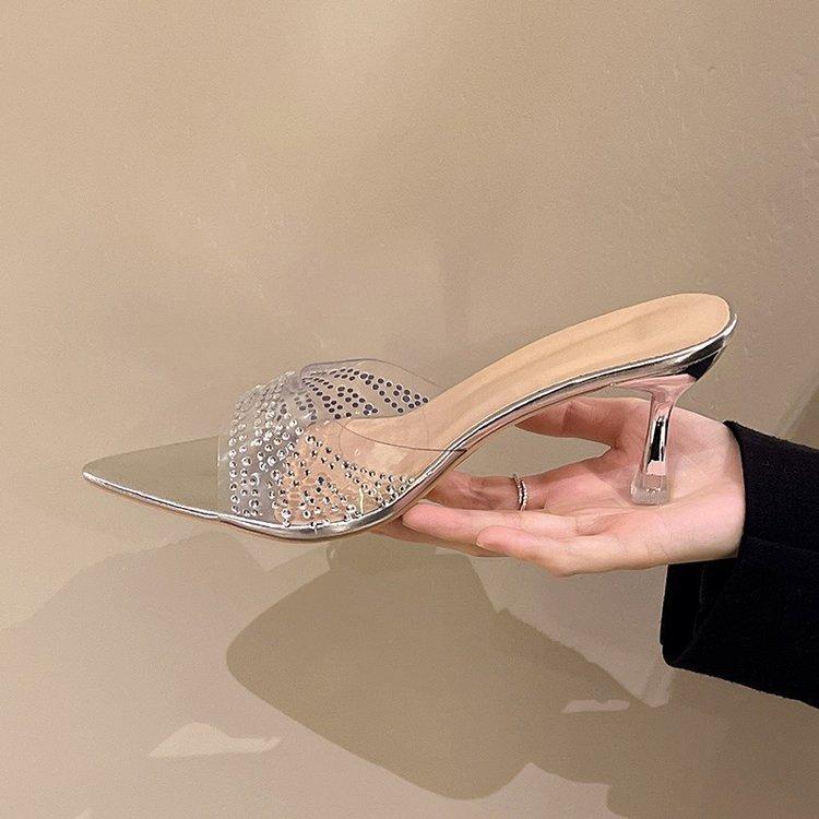 Модные новые летние женские босоножки на высоком каблуке, шпильке, из ПВХ, со стразами, шлепанцы с острым носом и открытым носком, слипоны, сандалии на тонком каблуке, слайды