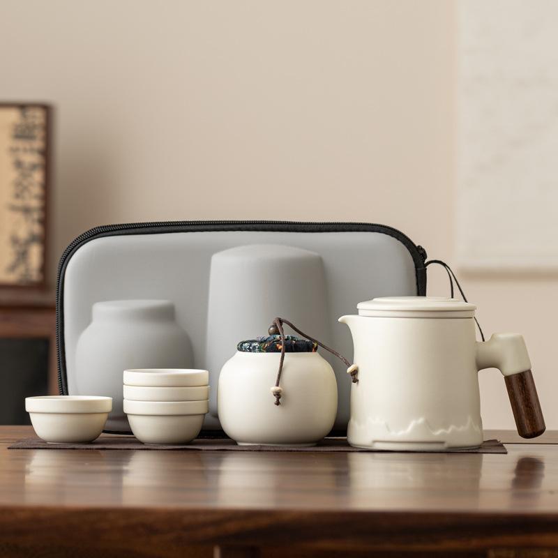 Outdoor portable travel tea set, one pot of four cups, ceramic mug with filter, high-end business gifts for customers