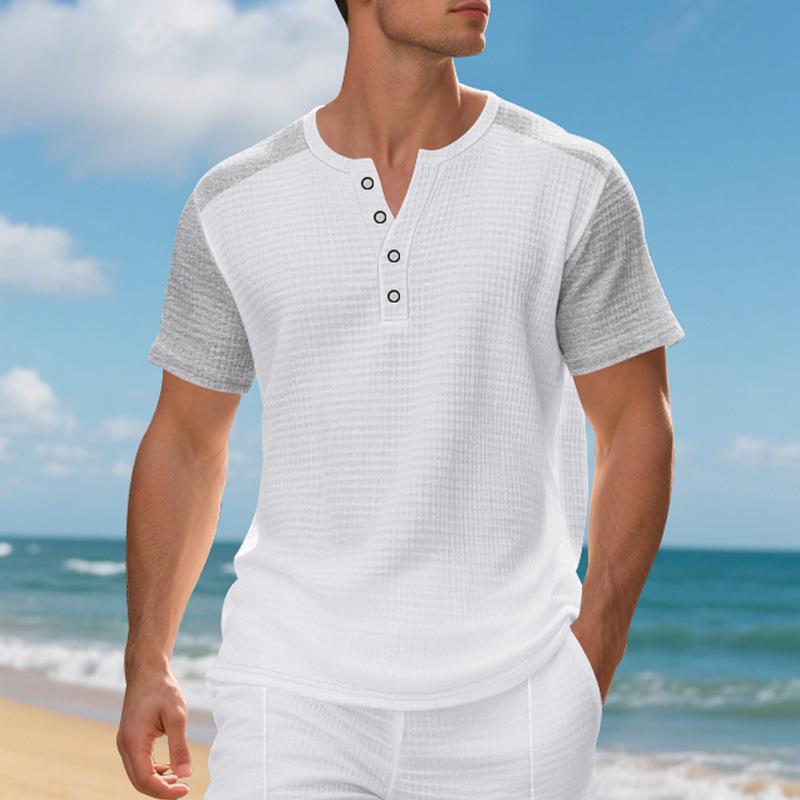Модная летняя американская свободная мужская повседневная пляжная вафельная футболка с коротким рукавом, повседневный универсальный пуловер
