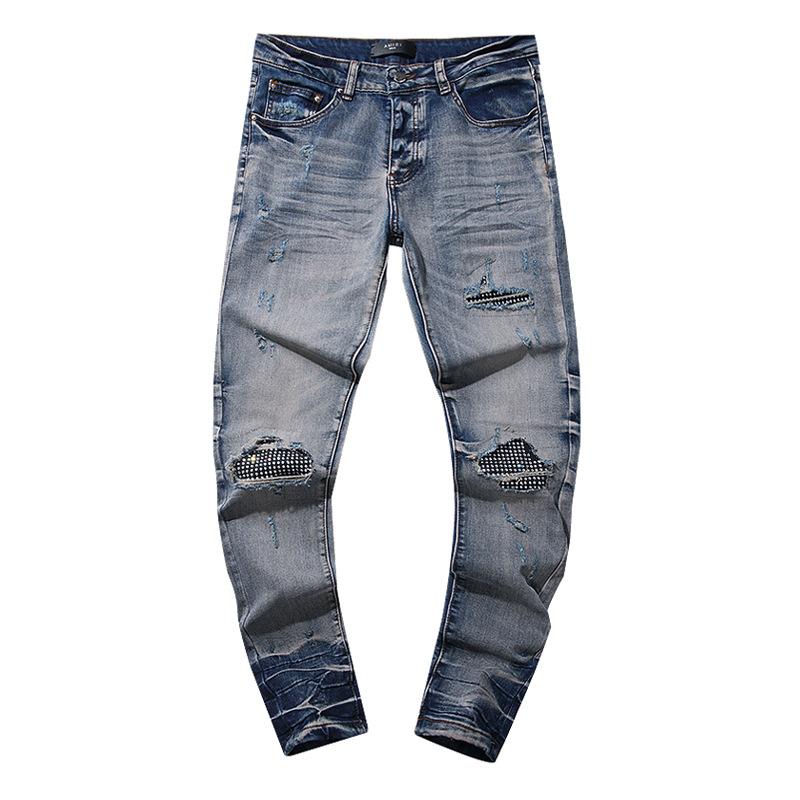 Fashion American High Street Hole & Patch Trendy Retro Straight Ami Denim Pants